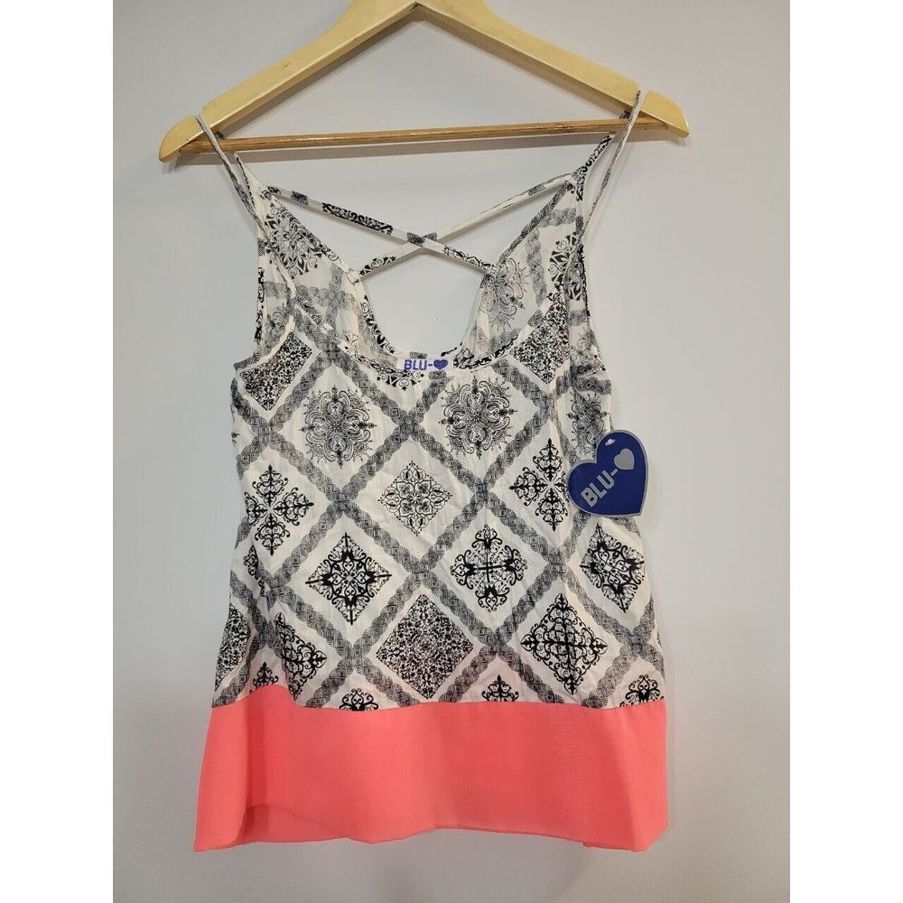 Blu Heart Spaghetti Strap Tank Top Geometric with Pink Sheer Bottom Trim, Size M